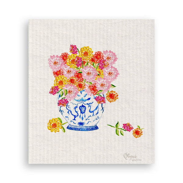 Tea Towel, Ginger Jar with Zinnias