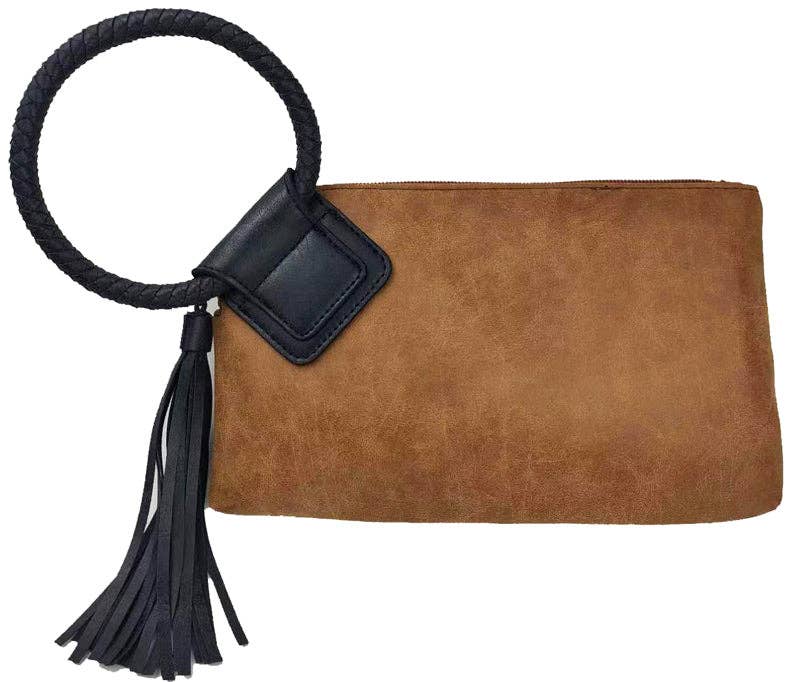 Wrislet Handle Tassel Clutch: Tan