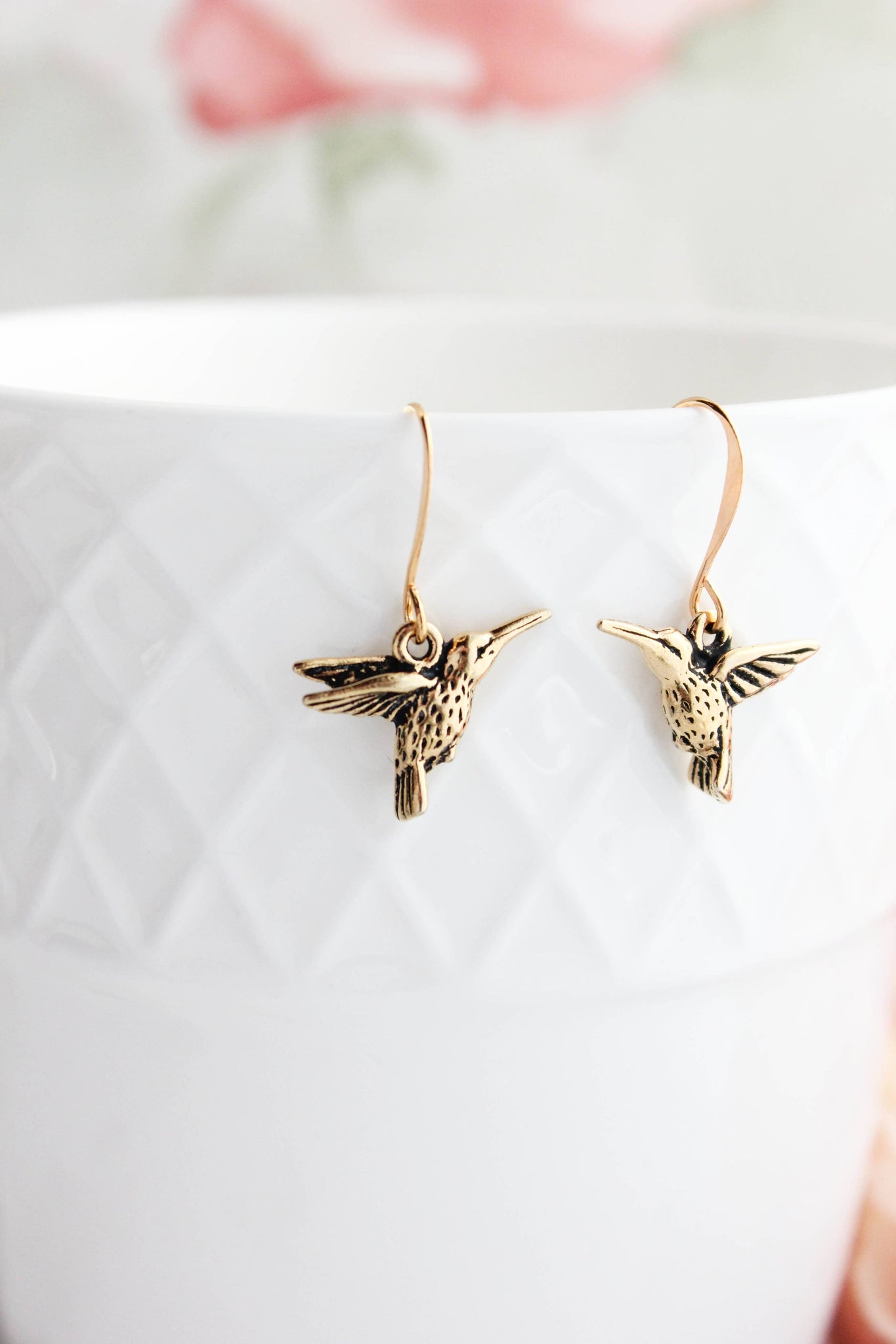 Earrings, Hummingbird, Antique gold