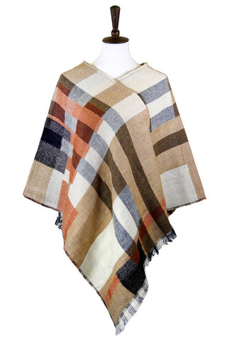 Cape Poncho, Multi Plaid, Beige/Orange/Brown