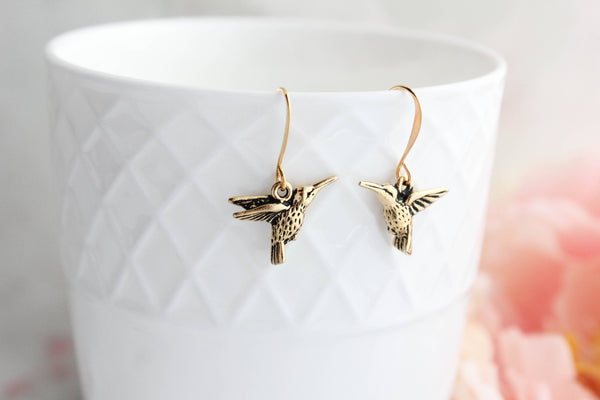 Earrings, Hummingbird, Antique gold