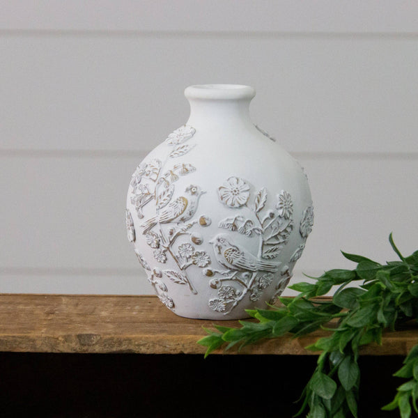 Vase, Textured Flowers and Birds